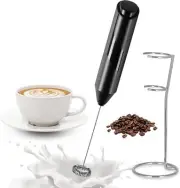 YSSOA Electric Milk Frother Handheld with Stainless Steel Stand Battery Black