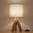 Small Bedside Table Lamp - Wooden Tripod Nightstand Lamp for Bedroom, Linen