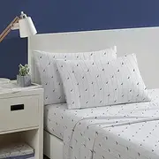 [Nautica] King Sheet Set, Cotton Percale Bedding Set, Crisp & Cool, Lightweight & Breathable (Audley Stripe Red, King)