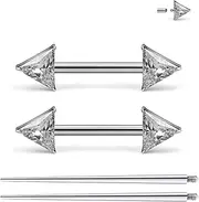[Ruifan] Titanium Internally Threaded Nipple Piercing Jewelry Ring CZ Opal Triangle Tongue Rings Straight Barbell Body Piercing Jewelry for Women Men 14G 14MM With Straight Piercing Taper