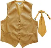 New Men's Paisley Tuxedo Vest Waistcoat & Ascot Cravat Wedding Prom formal Gold