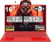 2025 Gaming Laptop 16 Inch Win11 12 + 512GB SSD Support 1TB (HDD-2TB) 1920 x 1200 Notebook 4-Core Celeron N5095 (up to 2.9 GHz) Laptop with Number Keyboard WiFi Mini HDMI German Keyboard Cover Red