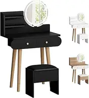 ‌ALFORDSON Compact Dressing Table & Stool Set, Small Makeup Desk with Adjustable LED Light Mirror, Storage Space & Stool for Bedrooms, Black