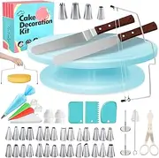 Cake Decorating Kit - 11-Inch Rotating Cake Turntable, 28 Piping Tips, 2 Icing Spatulas & 3 Scrapers, 20 Framing Bags, 62-Piece Complete Set (Blue)