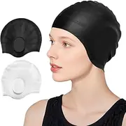 2PCS Swimming Cap, 100% Silicone Waterproof Swimming Hat with Ear Protection, Swimming Caps for Women/Men, Large Black/White Adult Swimming Caps That Keep Hair Dry, Ladies Swimming Cap Long/Short Hair
