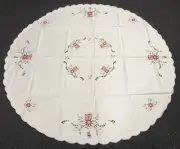 White Christmas Embroidered 88" Round Fabric Embroidery Tablecloth 12 Napkins