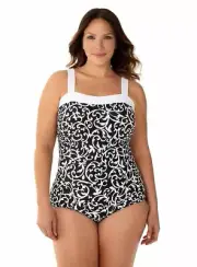 Miraclesuit BLACK/WHITE Scroll Lock Square Neck 1-Piece Swimsuit US 18