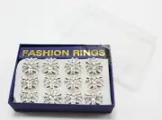Dozen Silver Rhinestone Adjustable Rings in Display Box #R2015-12