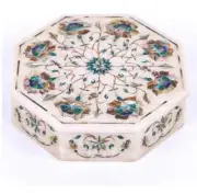 6" white Marble Trinket Jewelery Box Malachite paua shell Inlay pietra dura c12