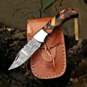 Pak Damascus Handmade Folding / Pocket Damascus Steel Knife With Leather Sheath