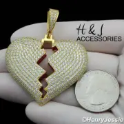 MEN 925 STERLING SILVER ICY BLING CZ 3D GOLD PLATED BROKEN HEART PENDANT*AGP235