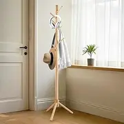 Neween Sturdy Wooden Tree Coat Rack Stand, Adjustable Free Standing Hall Coat Tree with 3 Section & 8 Hooks for Coats, Hats, Bags, Purse, Entryway, Hallway, Easy to Assemble (Beige)