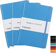 foroxin Lined Journal Notebook Light Blue Leather for Women Men 3 Pack 8.3 x 5.7 Large College Ruled 192 Pages 80gsm Hardcover Notebooks Work Home School with Elastic Band Closure and Ribbon Bookmark