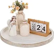 Hanobe Large Round Decorative Tray: White Coffee Table Beaded Tray Rustic Wood Trays Decor Farmhouse Ottoman Circle Tray Vintage Centerpiece Wooden Serving Trays for Living Room Home for Counter