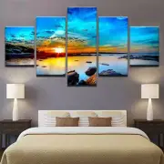 Sunrise Seaview Sunset Water Rocks Framed 5 Piece Panel Canvas Wall Art Print