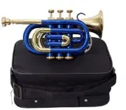 Blue Brass Pocket Trumpet Bb Pitch 3 Valve Brass Made with Hardcase
