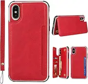 Cavor for iPhone X Case,for iPhone Xs Case,Leather Wallet Stand Cover Card Slots Back Case Mobile Phone Shell with Buttons Closure & Wristlet Strap Kickstand for iPhone X/iPhone Xs(5.8")-Red