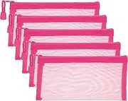 uxcell A6 Mesh Zipper Pouch Bags, 5 PCS Mesh Bags with Zipper Plastic Storage Pocket for Organizing File Beads Office Home Supplies, 10x20cm, Rose Red