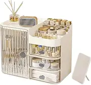 Makeup Organizers for Vanity, Large Capacity Desk Organizers for Cosmetics with 3-Layer Drawers and Mirror, Cosmetics Display Case with Transparent Cover, Ideal for Bedroom Vanity Desk (Clear-White)