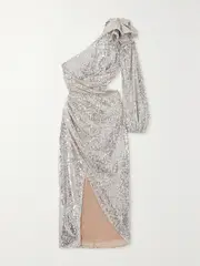 [PATBO] PATBO - One-shoulder Cut-out Sequined Satin Midi Dress - Silver - US2 US 2 Silver