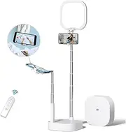 Extendable Selfie Recording Stand with Light, Height&Angle Adjustable, Overhead 360° Rotation with Two Phone Holders, Rechargeable Wireless Foldable 15 Brightness LED Light for Live Streaming/YouTube/Tiktok (White)