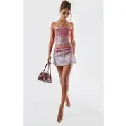 Cherry Red Silver Metallic Foil Effect Denim Micro Mini Skirt, Cherry Red