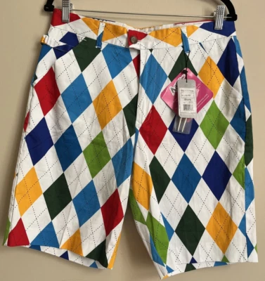 NWT Royal & Awesome Mens Size 32 King Of Diamonds Multicolor Argyle Golf Shorts