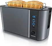 Arendo - Stainless Steel Toaster Long Slot 4 Slices, Defrost, Heat-Insulating Housing with Integrated Bun Attachment, 1500 W, Crumb Drawer, Display, Cool Grey