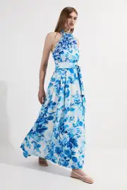 Petite Rosette Ruffle Woven Maxi Halter Dress