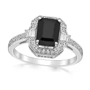 Emerald-Cut Onyx and White Topaz Octagon Frame Ring in Sterling Silver