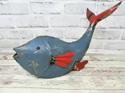 Rustic 13" Long Repurposed Recycled Scrap Metal Blue/Green Tail Up Fish Statue