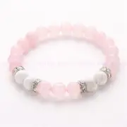 8mm Pink Rose Quartz White Turquoise Round Gems Beads Elastic Bracelet 7.5''
