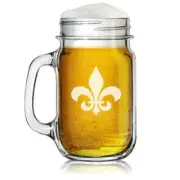 16oz Mason Jar Glass Mug w/ Handle Fleur-de-lis