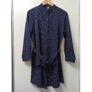 轉賣藍色直條紋綁帶長袖襯衫洋裝（077）