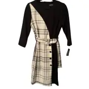 Glamour Womens Black & White Plaid Belted Dress Size 8 Polyester/Spandex Dress
