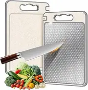 Xkimos Chopping Board with Anti-Scratch,304 Stainless Steel Chopping Board Double Sided,Food-Grade Wheat Straw Titanium Cutting Board with Juice Groove & Knife Sharpener,15”×10” Easy to Clean