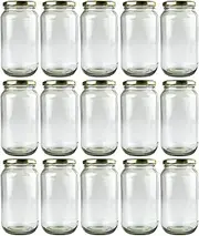 [PackMyProduct] 15 x 1000ml Clear Glass Food Jar | Round Glasses Jar with 82mm Golden Twist Cap | Food Container Storage, Spices Jars, Mason Jar for Liquid Jams, Chutneys, Pickles, Sauces