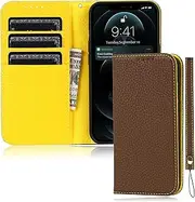 FROLAN for iPhone 13 Wallet Case with Credit Card Holder Slot Genuine Leather Premium Cow Leather Magnetic Flip Folio Drop Protection Shockproof Cover for iPhone 13 6.1 Inch (Khaki)