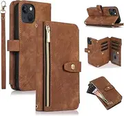 UEEBAI Wallet Case for iPhone 15 Plus 6.7 inch, 9 Card Slots Retro PU Leather Wallet Case Shockproof Flip Case with Hand Strap Card Slots Zipper Pocket Kickstand Handbag Magnetic Closure-Retro Brown