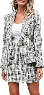 [MsLure] Women's Plaid Two Piece Set Long Sleeve Tweed Blazer Office Skirt Suit
