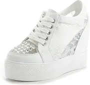[NAVYM] Womens Fashion White Sneakers With Hidden Heel Cute Stylish Low Top Platform Wedge Wedding Shoes For Girls, Students