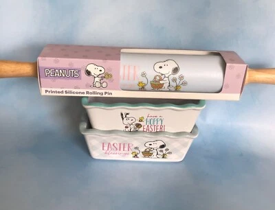 Peanuts EASTER Mini Ceramic Bread Loaf Pans & Silicone Rolling Pin 3 Piece Set