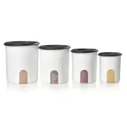 TUPPERWARE ONE TOUCH REMINDER CANISTER SET OF 4 WITH BLACK SEALS