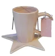 New Pink Ceramic Coffee Cup Mug Tea W/ Star & Moon Handle & Saucer Plate Set
