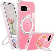 [VENINGO] Google Pixel 9a Case, 360° Rotating Magnetic Invisible Ring Stand Compatible with MagSafe Glitter Bling Shockproof Hard Back Hybrid TPU Bumper Slim Fit Protective Phone Cover, Transparent