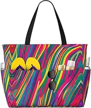 [Ghjkfbf] Rainbow Lines Print Large Capacity Beach Travel Bag For Family, Beach Tote Bag For Women With Zipper Pockets, Black, One Size