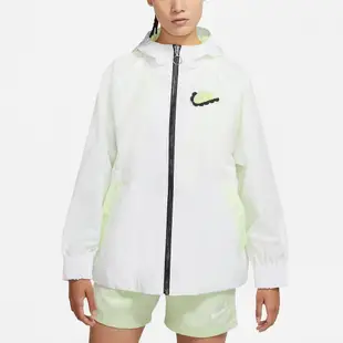 Nike 長袖外套 NSW Woven 女款 白 螢光綠 刺繡 連帽 寬鬆 DD4532-100