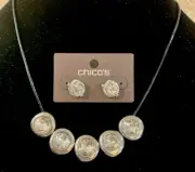 CHICO’S MODERN Crystal Clear Silver Corded Necklace & Stud Earring Set-NWT!
