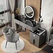 Dressing Table with LED Lights Mirror - Grey Vanity Makeup Table Set with Bluetooth Speaker & USB/Wireless Charging, 5 Drawers and Cushioned Stool (Table+Chair+Cabinet) 31.5″