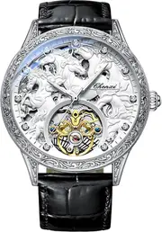 FORSINING Men's Gold Luxury Tourbillon Watch Tiger Carved Moon Phase Self-winding Mechanical Automatic Watches Retro Tattoo Skeleton Large Dial Leather Belt Wristwatch